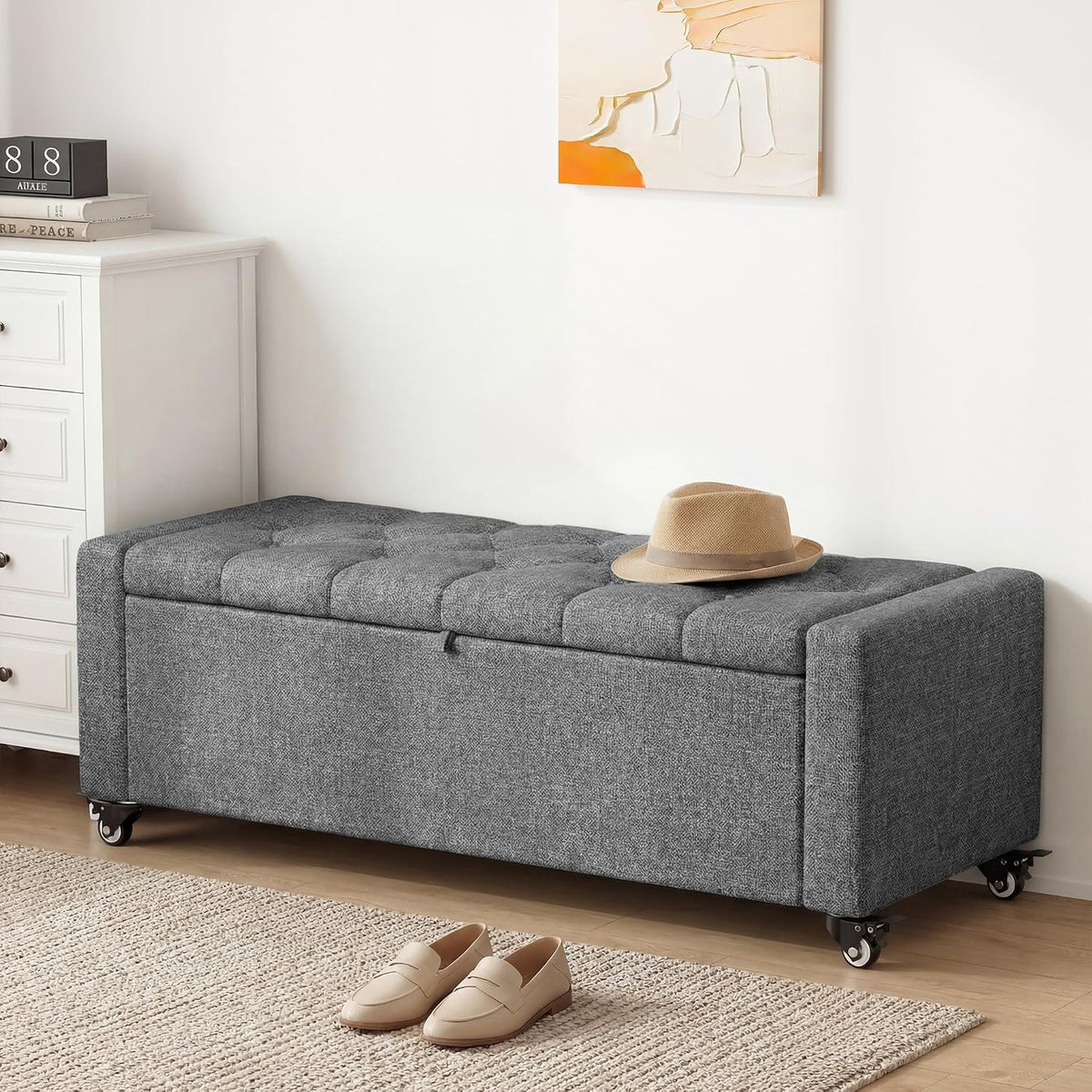 50” Ottoman Bench with Storage, Upholstered Fabric End of Bench for Bedroom, Load up to 660 lb, Fixed Base & Movable Swivel Wheels，Rectangular Tufted Entryway with Safety Hinge (Grey)