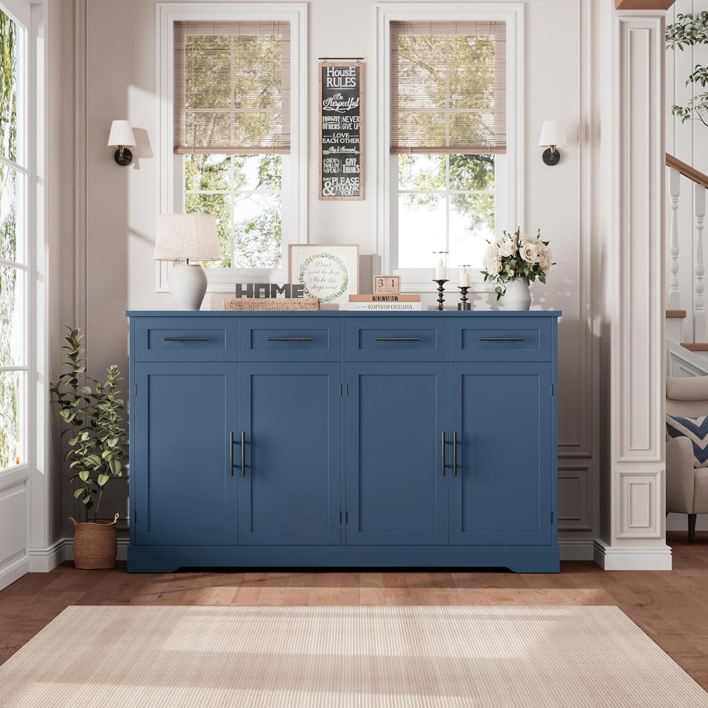 HOSTACK 60" Large Buffet Sideboard with Storage, 36" Tall Kitchen Buffet Storage Cabinet with 4 Drawers, Modern Coffee Bar Cabinet with Black Handles, Long Sideboard Buffet Table for Kichen, Blue