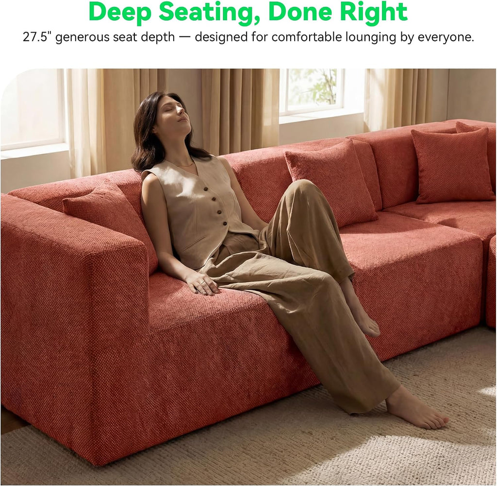 MONVANE Oversized Sectional Couch 10-Seat, Chenille, Rust Red | Sectional Couch for Living Room, Modular Cloud Sofa with Ottoman & 10 Throw Pillows, No Assembly Required