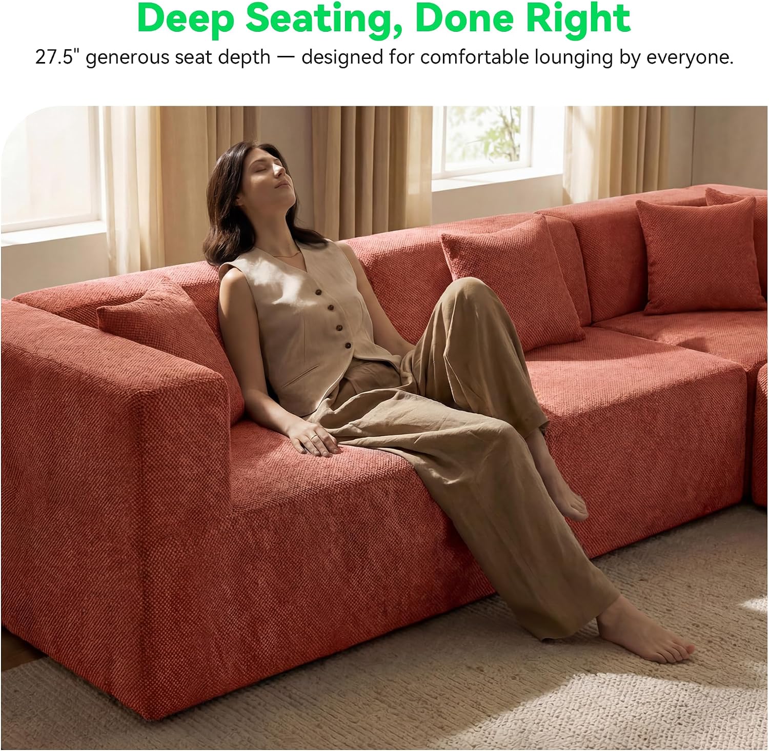MONVANE Oversized Sectional Couch 10-Seat, Chenille, Rust Red | Sectional Couch for Living Room, Modular Cloud Sofa with Ottoman & 10 Throw Pillows, No Assembly Required