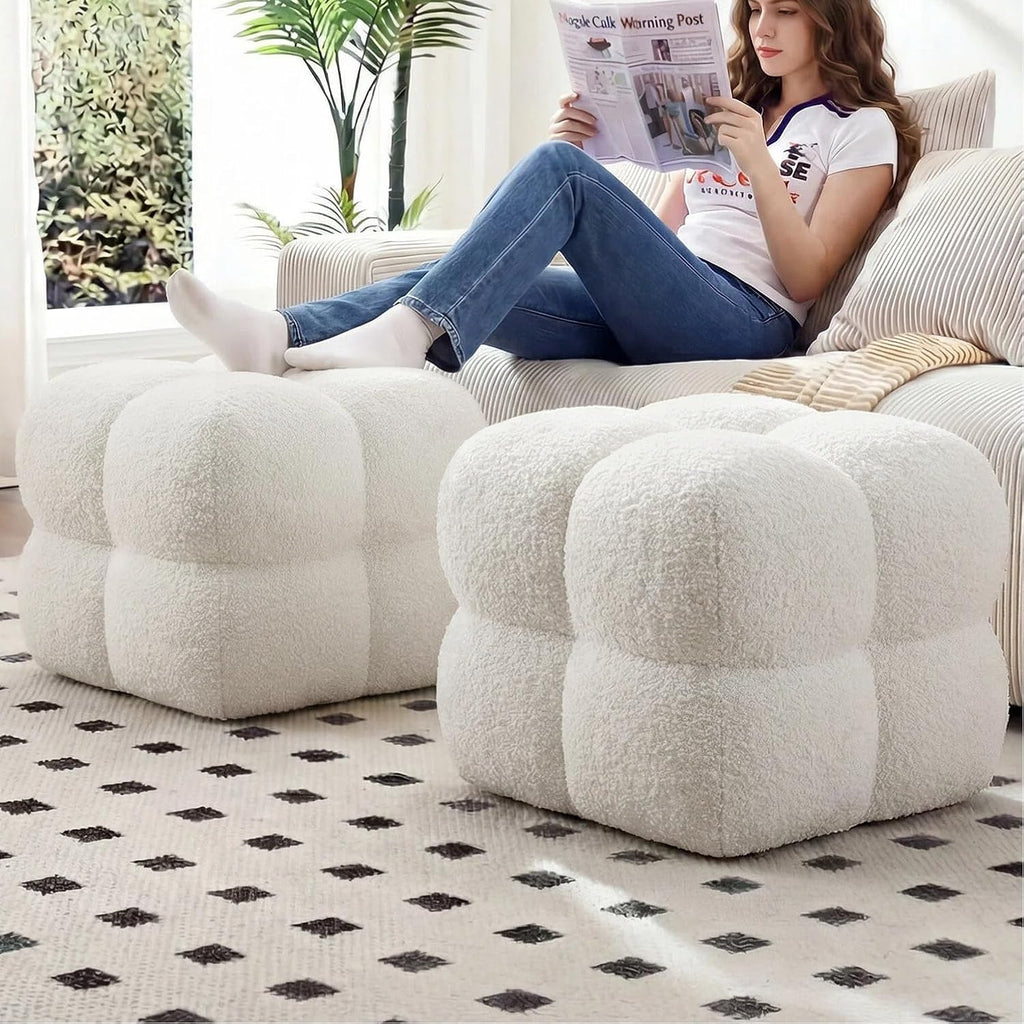 Zesthouse Square Pouf Ottomans Set of 2, Modern Backless Vanity Stool for Bedroom, White Fuzzy Foot Rest for Couch, Upholstered Tufted Footstool, Sherpa Fabric Ottoman Coffee Table for Living Room