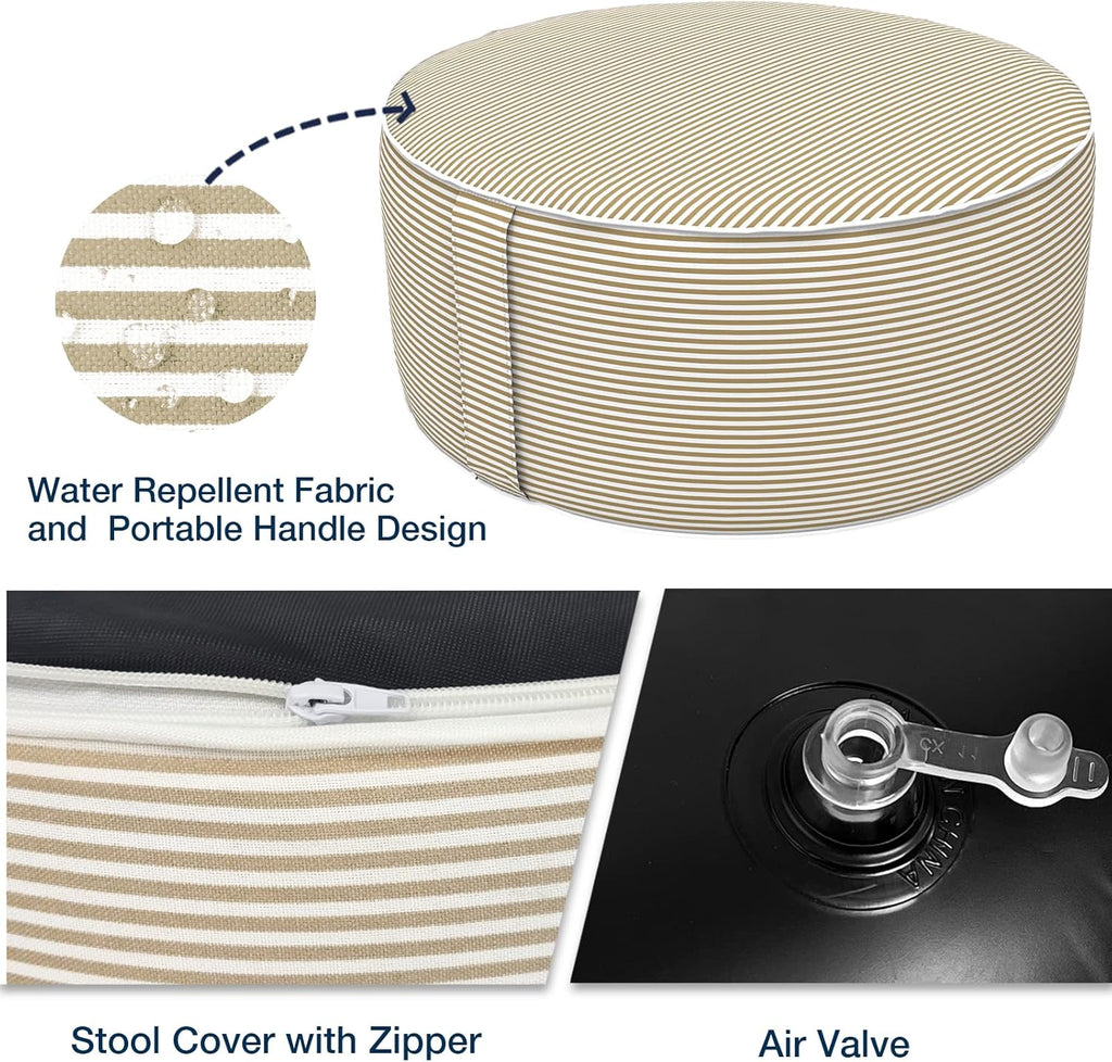 Inflatable Stool Ottoman, Footrest Ottoman with Handle, Outdoor or Indoor Round Portable Stool for Patio Home Decoration, 21x9 Inch, Stripe Beige