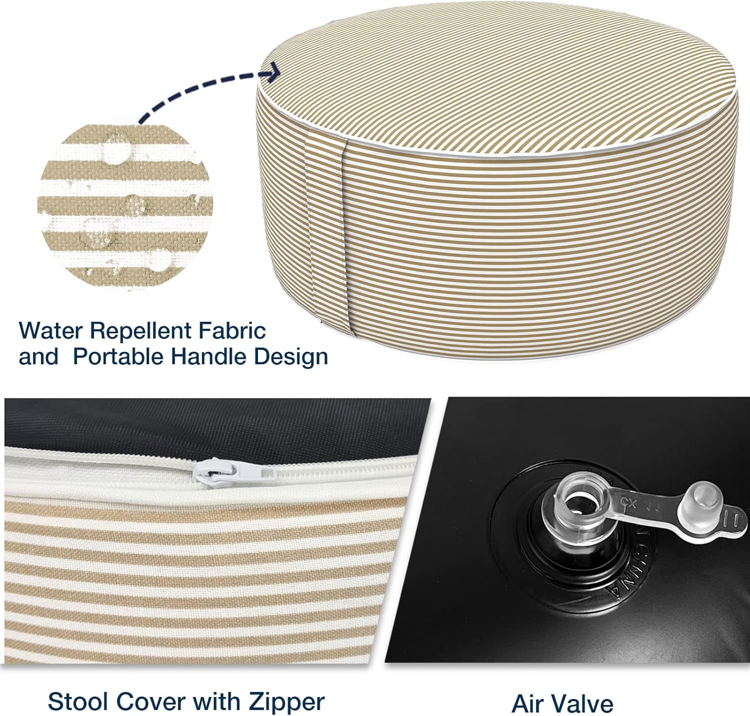 Inflatable Stool Ottoman, Footrest Ottoman with Handle, Outdoor or Indoor Round Portable Stool for Patio Home Decoration, 21x9 Inch, Stripe Beige