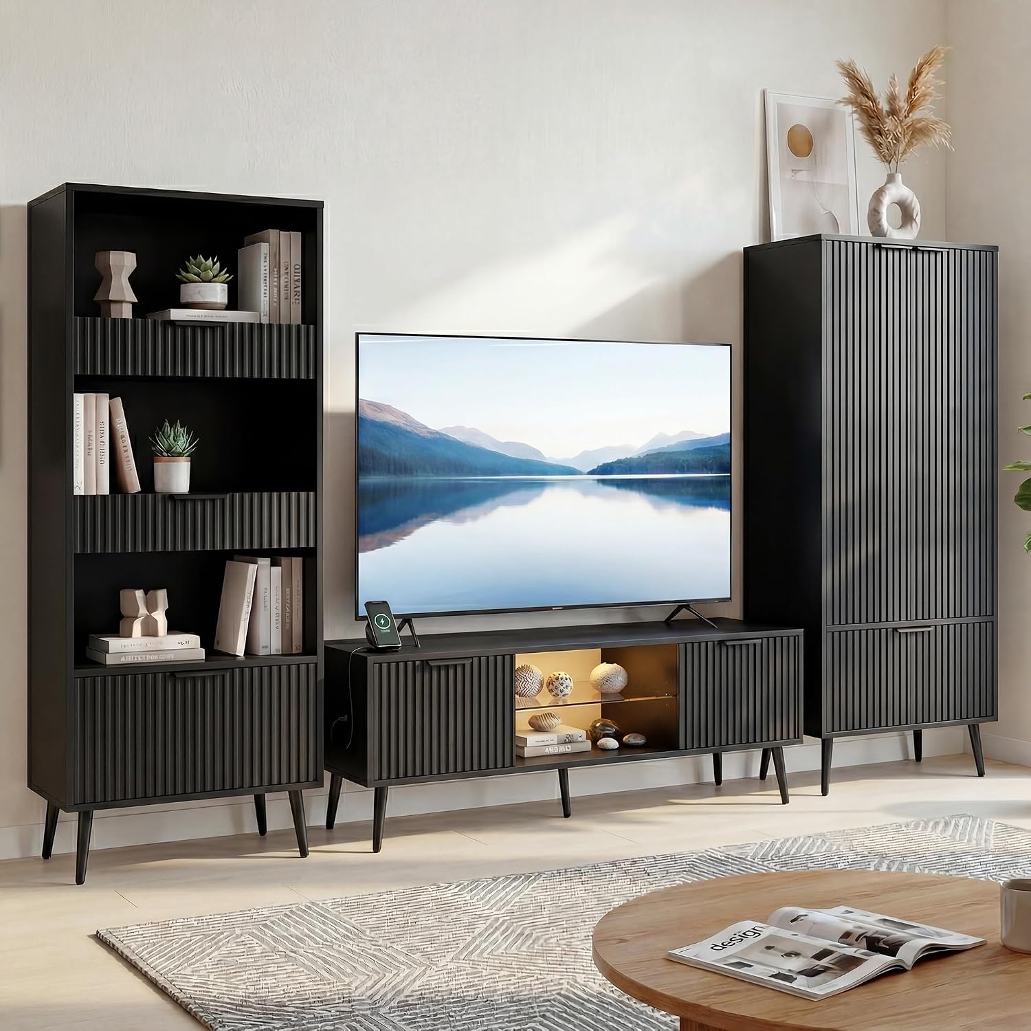 Bathroom Storage Cabinet Set of 2, 47.2" Wide 5-Tier Freestanding Pantry Cabinet with 6 Extra-Large Drawers & 2 Open Shelves, Fluted Floor Organizer Cupboard for Kitchen, Living Room, Anti-Tip, Black