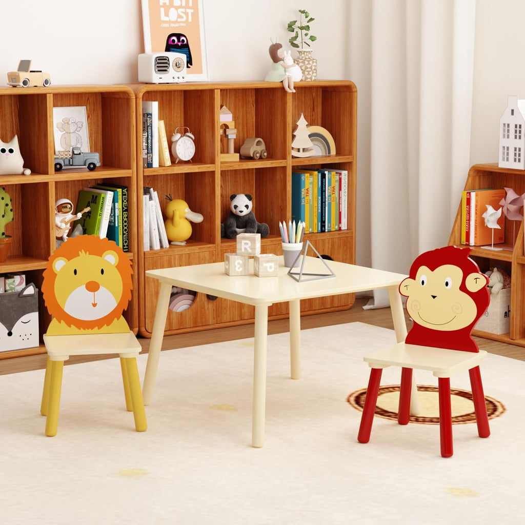 3 Pieces Toddler Table and Chair Set, Lion & Monkey Pattern Solid Wood Legs Heavy Duty Boys and Girls Activity Play Table and 2 Chairs Furniture for Playroom Daycare Kindergarten