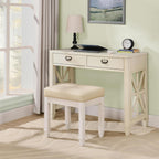 Solid Wood Vanity Bench Stool, Small Vintage Ottoman Foot Stool with Off-White Button Tufted PU Cushion Carved Footrest Rustic Stools for Bedroom Living Room,18.5 * 14.2 * 18.5in