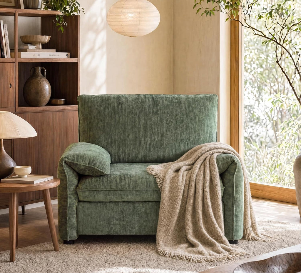 Oversized Accent Chair for Living Room, Wide Chenille Reading Chair | Comfy Padded Arms Deep Seat Springs Cushion Single Sofa Chair for Bedroom Apartment Green