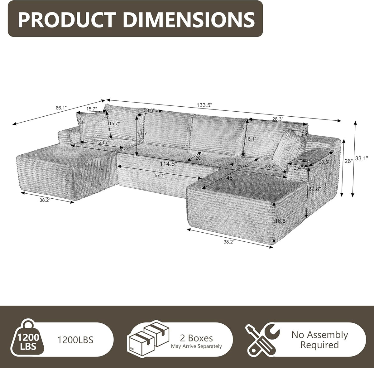 Tmsan 133.5" Black Sectional Sofa Couches for Living Room, Oversized U Shaped Cloud Modular Set with Cup Holders & Side Pockets & Deep Seat, Comfy Corduroy Foam Compressed No Assembly