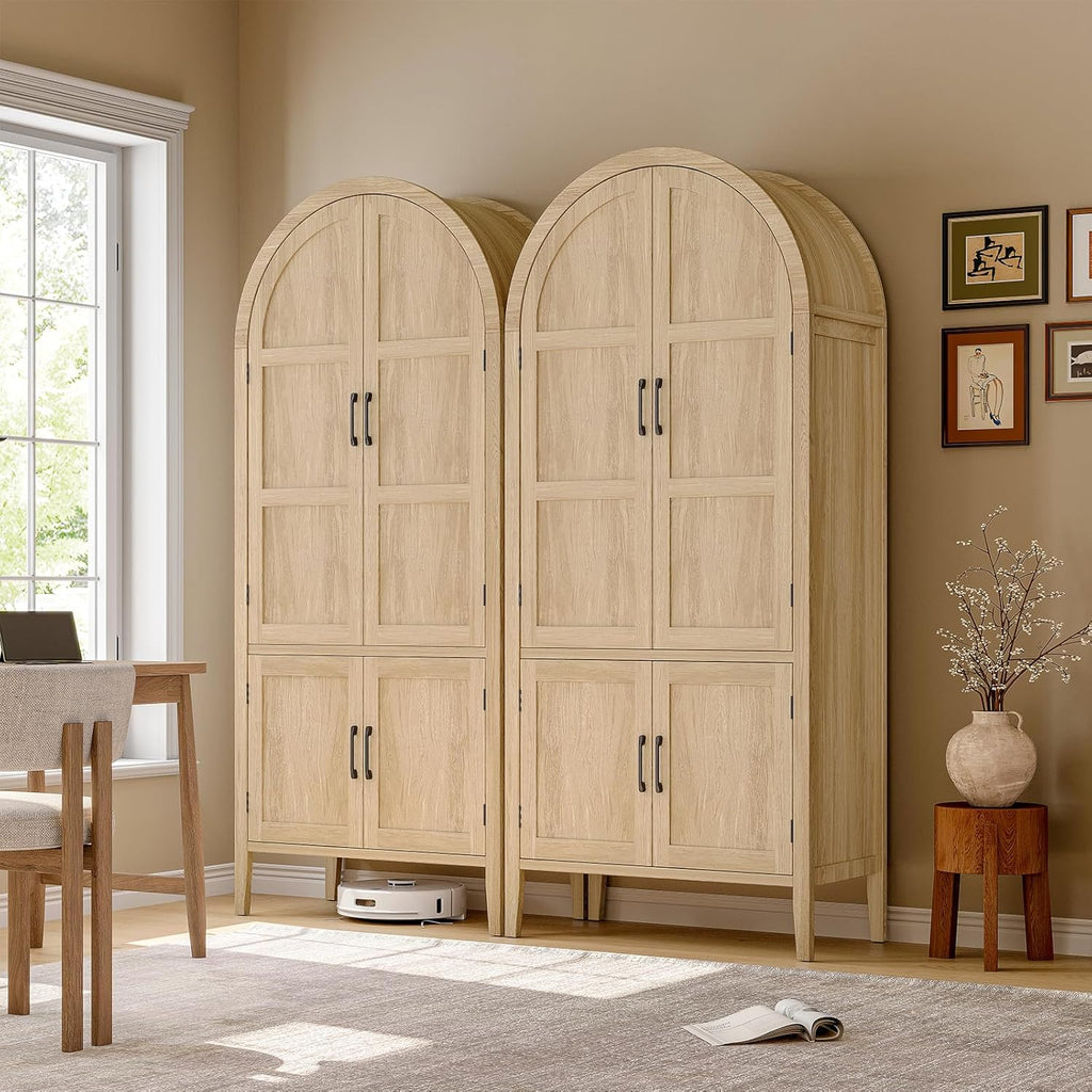 ONBRILL 71" Tall Wooden Arched Cabinet, 5-Tier Arched Kitchen Pantry Cabinet with Doors & Shelves, Farmhouse Kitchen Arch Cabinets with Adjustable Feet, Wooden Pantry Storage for Dining Room(Oak)