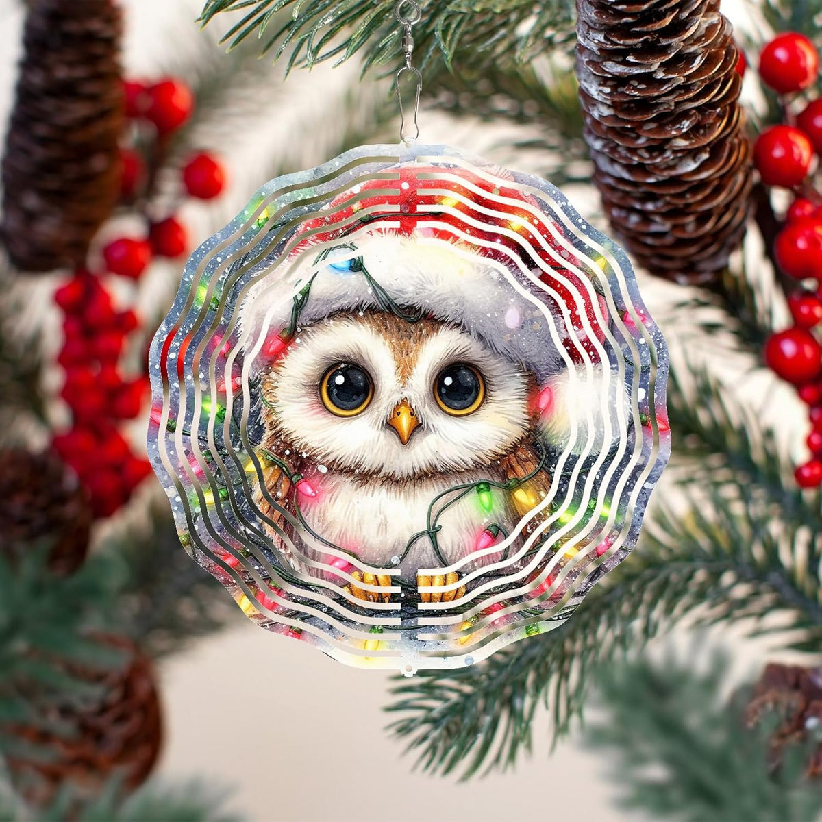 Christmas Owl Wind Spinner,3D Owl Spinner for Yard and Garden 3D Steel Wind Spinner Outdoor Hanging Wind Spinner 10 inch 3D Xmas Cute Owl Swirl