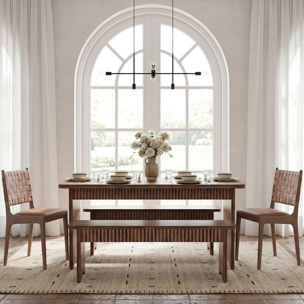 LITTLE TREE 55" Dining Table with 2 Benches, Dining Table Set for 4-6 People, Farmhouse Kitchen Table with Bench, Dining Room Table Set