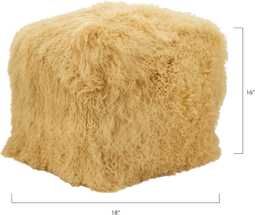 SARO LIFESTYLE Mongolian Lamb Wool Pouf Ottoman – Gold, 18” x 18” x 16” with Firm Insert, Luxury Textured Accent Footrest or Extra Seating