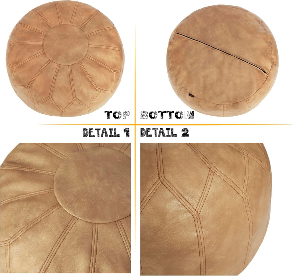 Thgonwid Unstuffed Moroccan Faux Leather Pouf Ottoman Cover with Storage - Boho Chic Multi-Use Footrest for Living Room, Bedroom, Patio - Round Ethnic Floor Cushion & Decorative Accent, Khaki