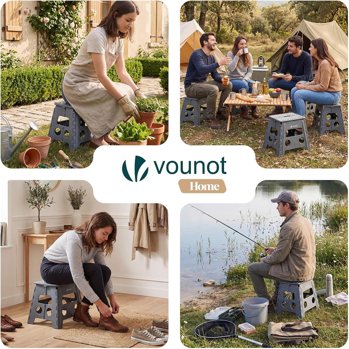 VOUNOT® Folding Step Stool, Portable Stepping Stool with Carrying Handle, Anti-Slip Folding Stool for Bathroom, Garden, Camping, Home, 37 x 30 x 32.5 cm, Grey
