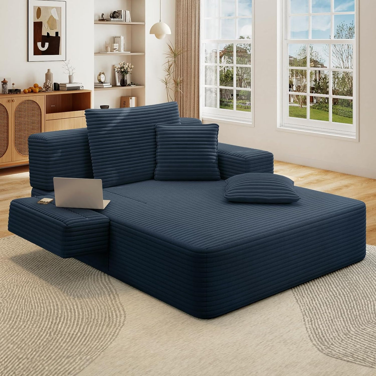 Chaise Lounge Chair Indoor, 60" Oversized Sleeper Couches W/Foldable Armrest Cloud Corduroy Upholstered Reading Chairs Floor Sofa Bed for Living Room No Assembly, Blue