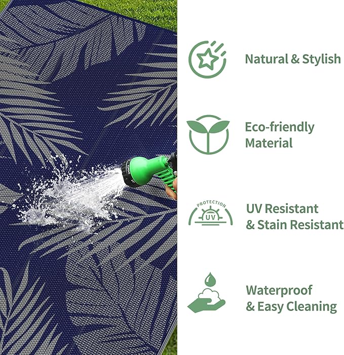 GENIMO Outdoor Rug 6' x 9' Waterproof for Patios Clearance, Reversible Outdoor Plastic Straw Camping Rug Carpet, Large Area Rugs Mats for RV, Camper, Deck, Balcony, Porch, Beach, Picnic Navy Blue&Grey