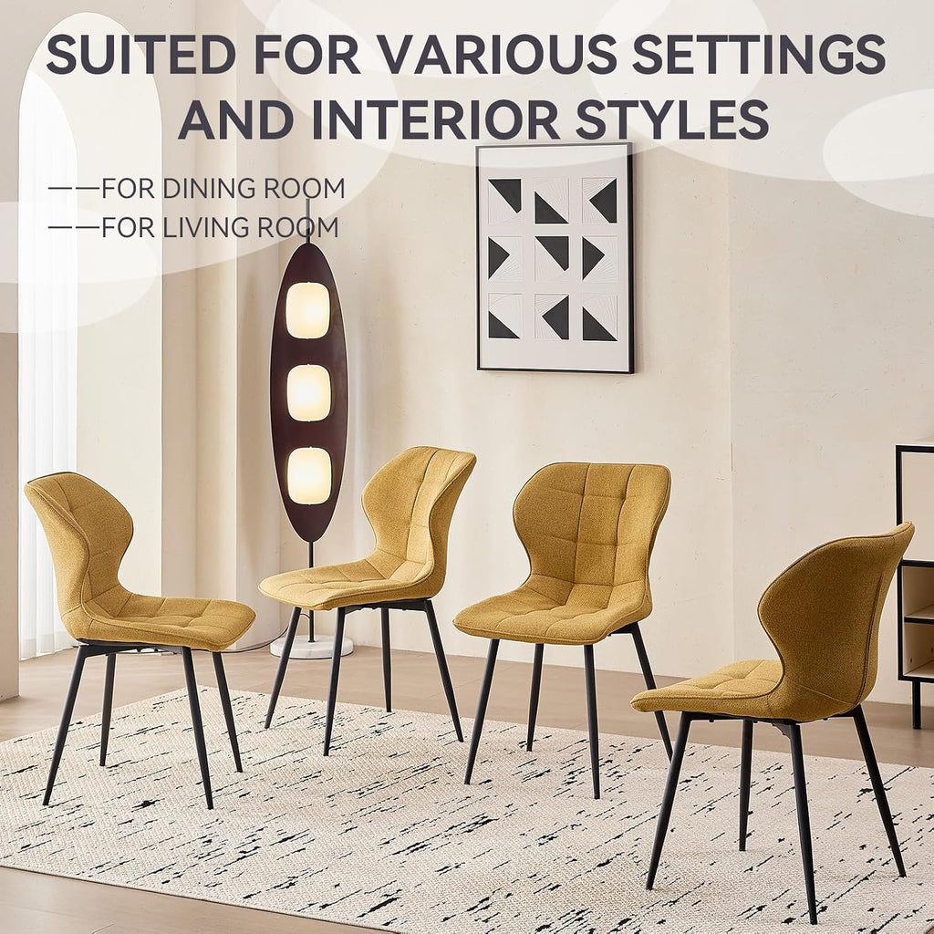Modern Upholstered Dining Chairs Set of 4, Yellow(Only Chairs) | Armless Curved Backrest Dining Room Chair Water Resistant Fabric Kitchen Chairs with Adjustable Foot Pads for Living Room