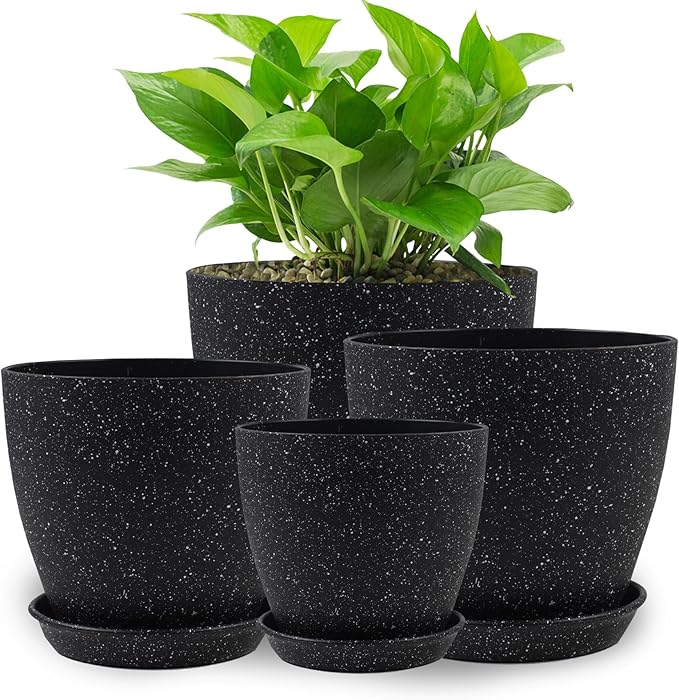 Plant Pots 8.5/7.5/6.5/6 Inch, 4 Pack for Indoor Plants, Modern Decorative Plastic Planters with Drainage Holes and Saucers for House Indoor Outdoor Flower