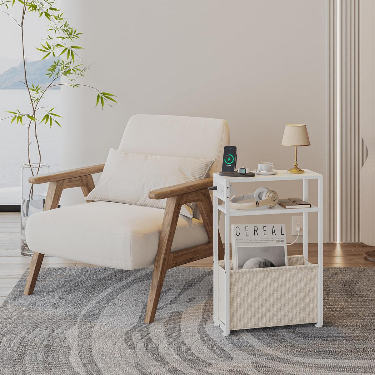 Leomonio White Side Table with Charging Station, Slim End Tables with Linen Basket, Skinny Table for Small Spaces, Thin Bedside Table for Living Room, Bedroom