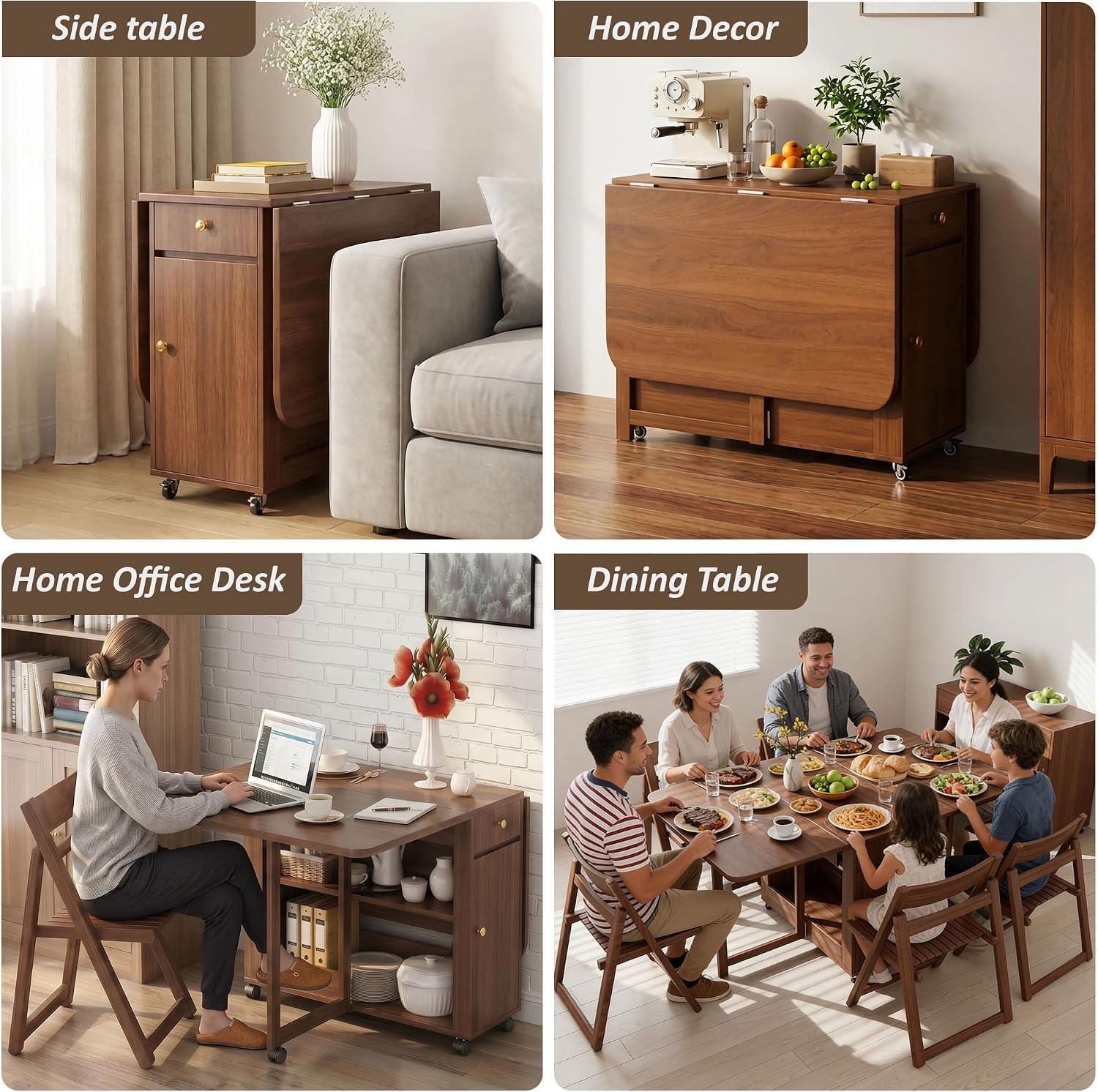 Small Drop Leaf Table - Folding Dining Table Set for 6 with 6 Foldable Chairs Inside, Fully Assembled Solid Wood Space-Saving Kitchen Table and Chairs Set with Storage & Lockable Wheels, Walnut, 59"