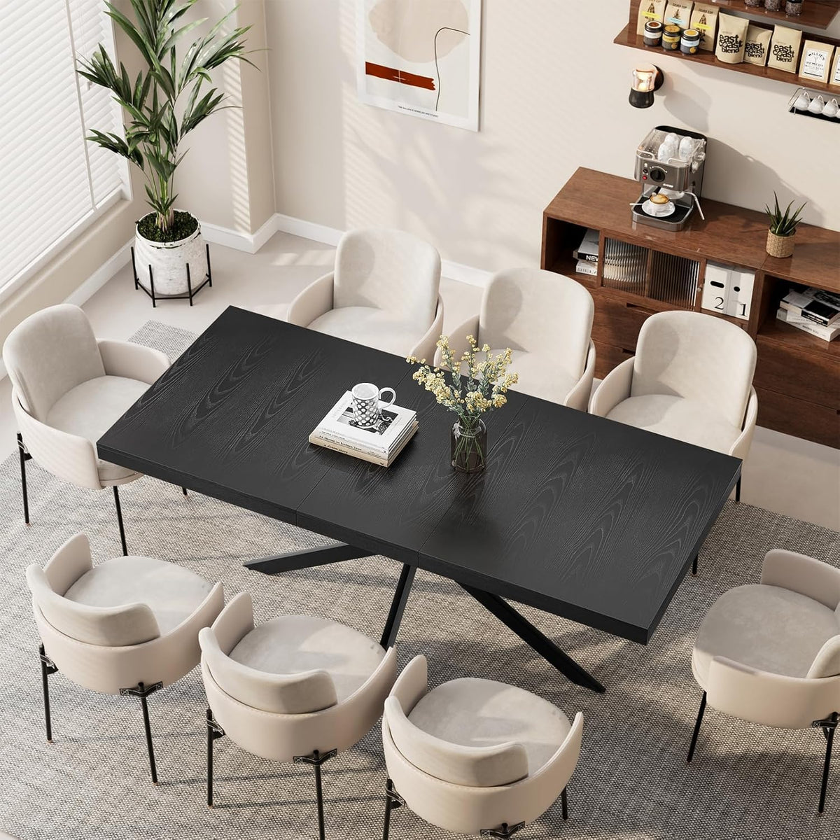 Extendable Dining Table for 4 6 8, 55"-70.9" Black Kitchen Table, Wood Rectangle Expandable Dining Room Table with Hidden Storage, Space Saving, for Kitchen Dining Living Room, Modern