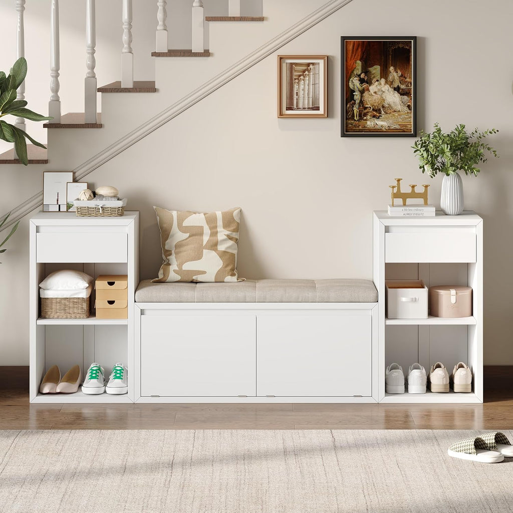 Entryway Bench with Shoe Storage, Solid Wood Shoe Bench with Cushion and Drawers, Open Shelves, Storage Bench for Entry Way, Living Room, Hallway, White
