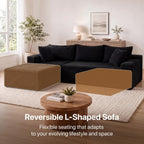 Claiks 94" Couch, L-Shape Corduroy Sectional Sofa, Black | Flexible Module Combination for Living Room, No Assembly, Deep Seat,Stain Resistant Abrasion, Apartment, Includes 1 Ottoman