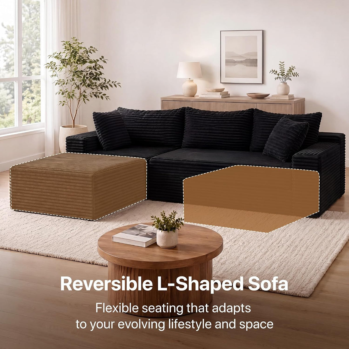 Claiks 94" Couch, L-Shape Corduroy Sectional Sofa, Black | Flexible Module Combination for Living Room, No Assembly, Deep Seat,Stain Resistant Abrasion, Apartment, Includes 1 Ottoman