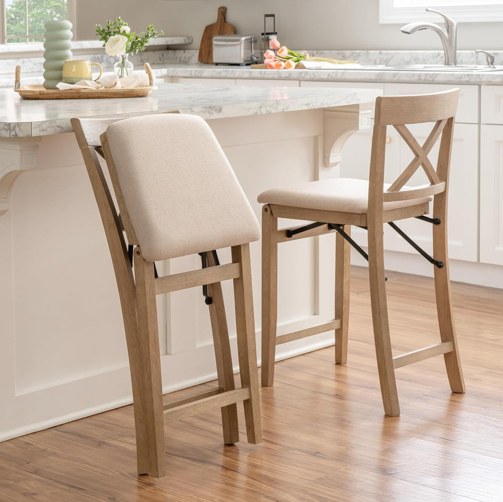 Linon Triena X Back Neutral Greywash Wooden Fully Assembled Folding 24 Inch Seat Height Counter Stool with Beige Upholstered Seat