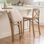 Linon Triena X Back Neutral Greywash Wooden Fully Assembled Folding 24 Inch Seat Height Counter Stool with Beige Upholstered Seat