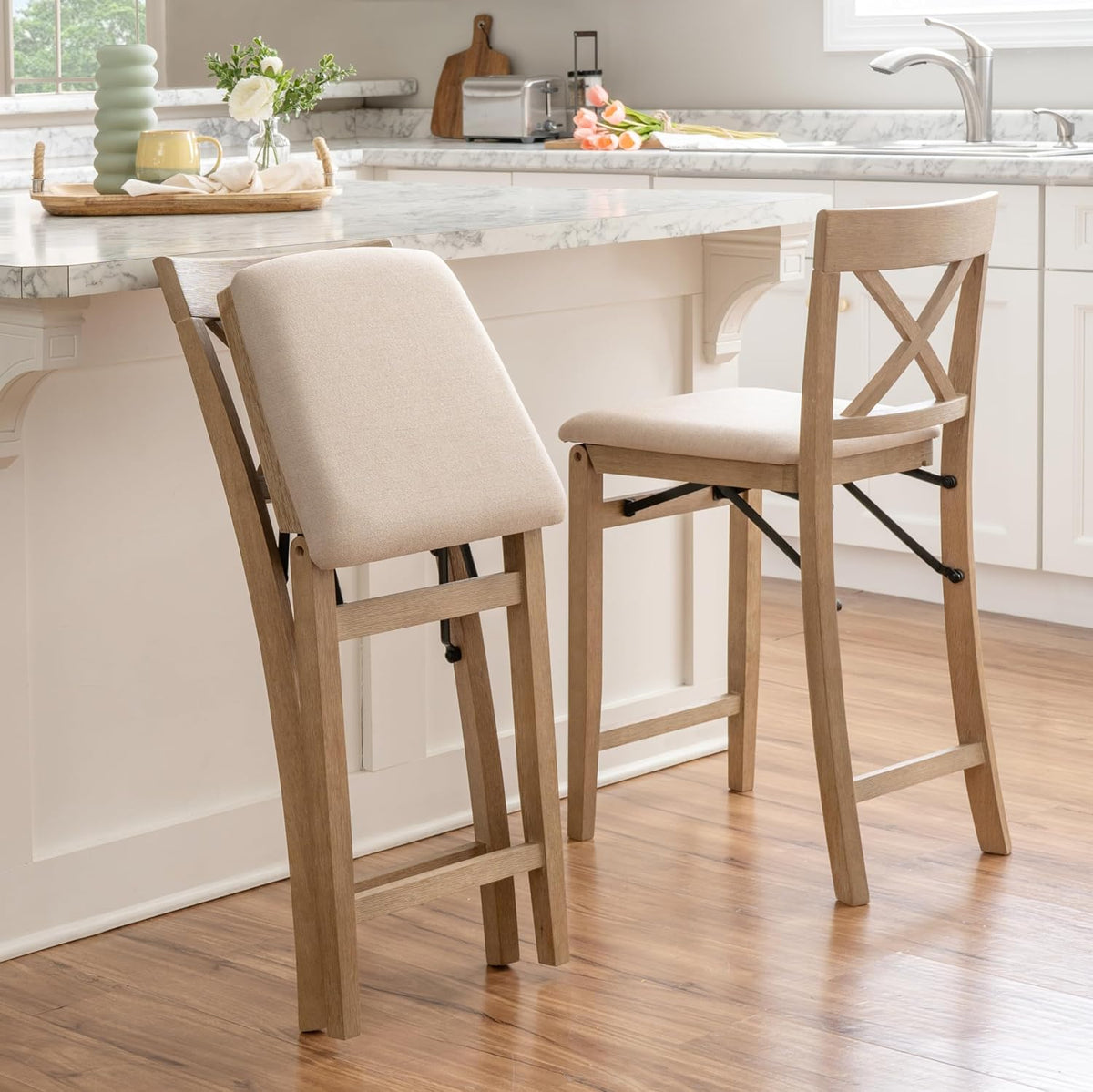 Linon Triena X Back Neutral Greywash Wooden Fully Assembled Folding 24 Inch Seat Height Counter Stool with Beige Upholstered Seat