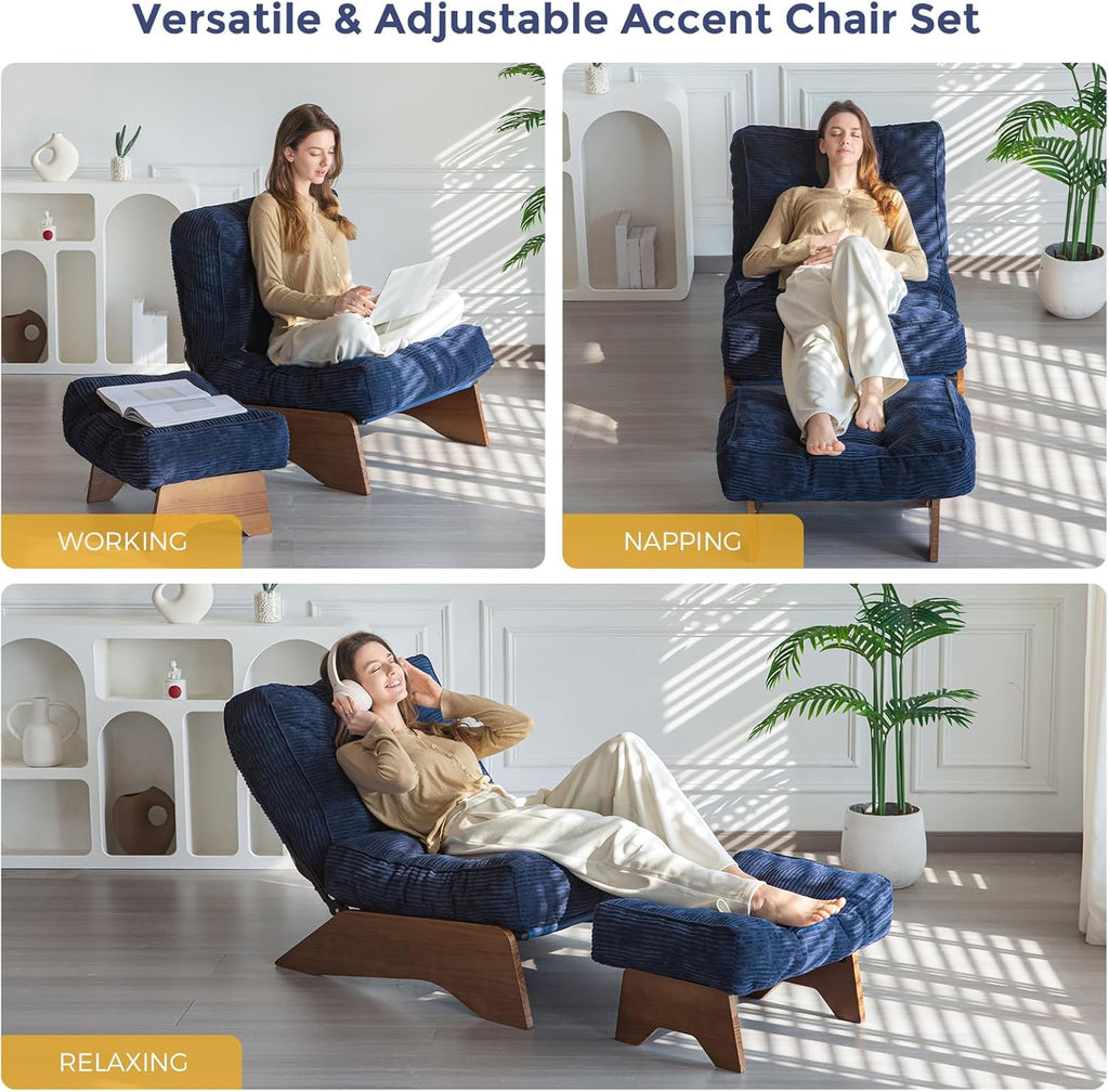 MAXYOYO Accent Chair with Ottoman, Lounge Chair with Adjustable Backrest | Tufted Living Room Chair Upholstered Lounge Chair with Footrest Set, Modern Chair for Reading Room, Navy