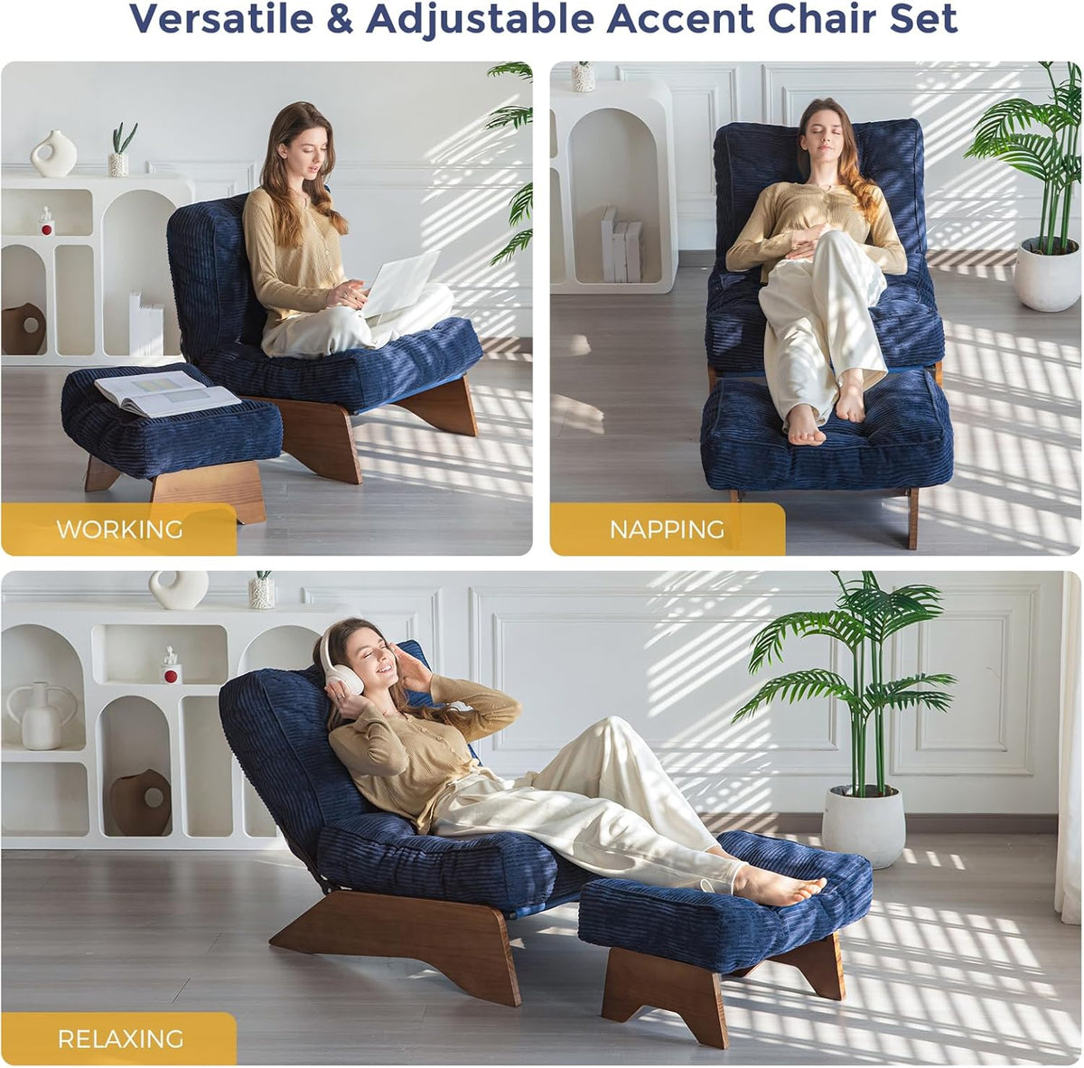 MAXYOYO Accent Chair with Ottoman, Lounge Chair with Adjustable Backrest | Tufted Living Room Chair Upholstered Lounge Chair with Footrest Set, Modern Chair for Reading Room, Navy