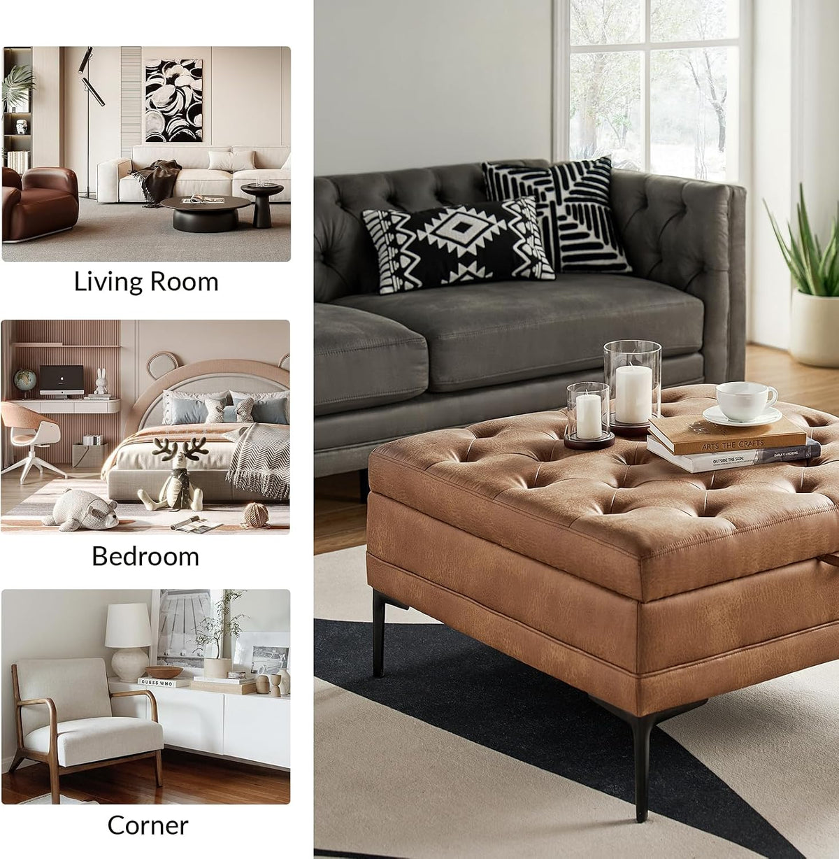 HULALA HOME Tufted Faux Leather Coffee Table, Camel | 36.5" Square Storage Ottoman with Metal Legs, Large Upholstered Ottoman for Couch and Living Room