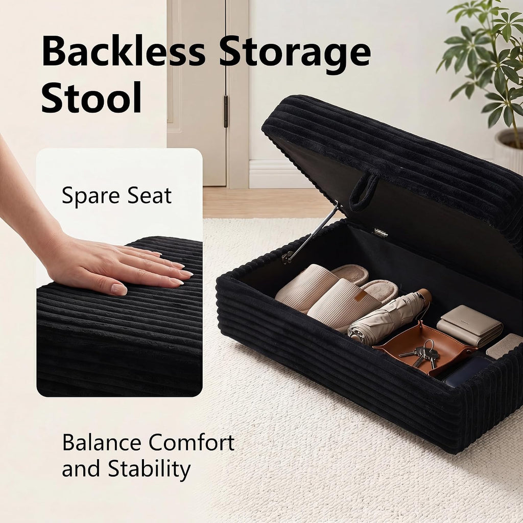 Modern Corduroy Sofa Storage Ottoman, Upholstered Memory Foam Footrest (Black Footrest)