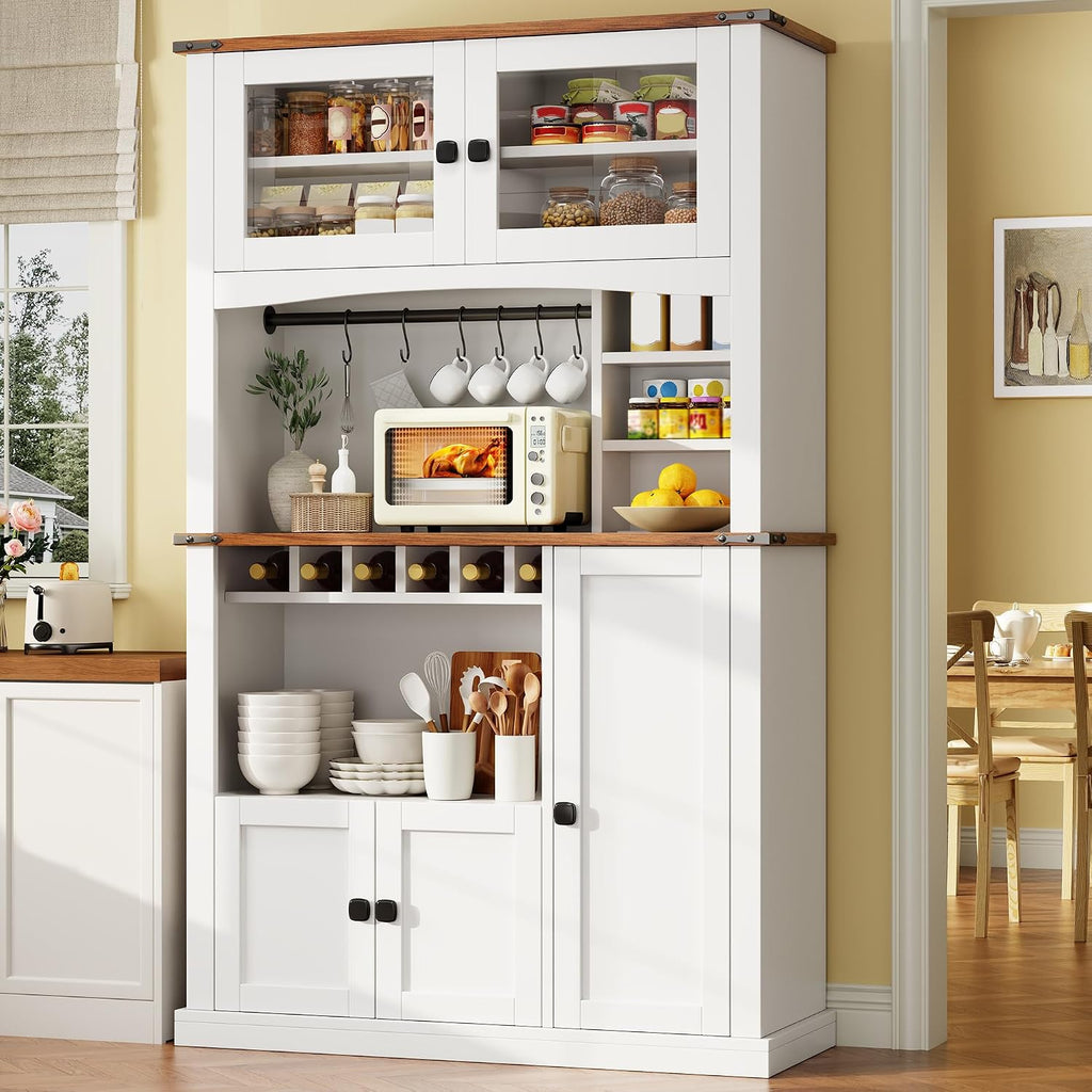 Einhomn 71" Tall Kitchen Pantry Cabinet with Charge Station, 3 Adjustable Shelves, Wine Rack and Glass Door, Kitchen Hutch for Dining Room, Kitchen and Living Room, White