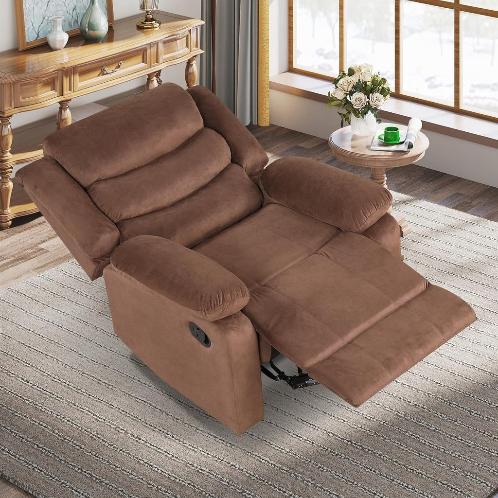 ANJ Manual Recliner Chair for Adults, Velvet Reclining Chair with Padded Arms and Overstuffed Backrest, Single Recliner Sofa for Living Room, Dark Brown
