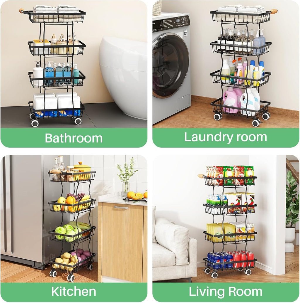 SAYZH Fruit Basket Kitchen Pantry Organizers and Storage - 4 Tier Stackable Metal Wire Basket Stand for Fruit Vegetable Snacks Jars Bins Containers Organization(Black, 4 Tiers)