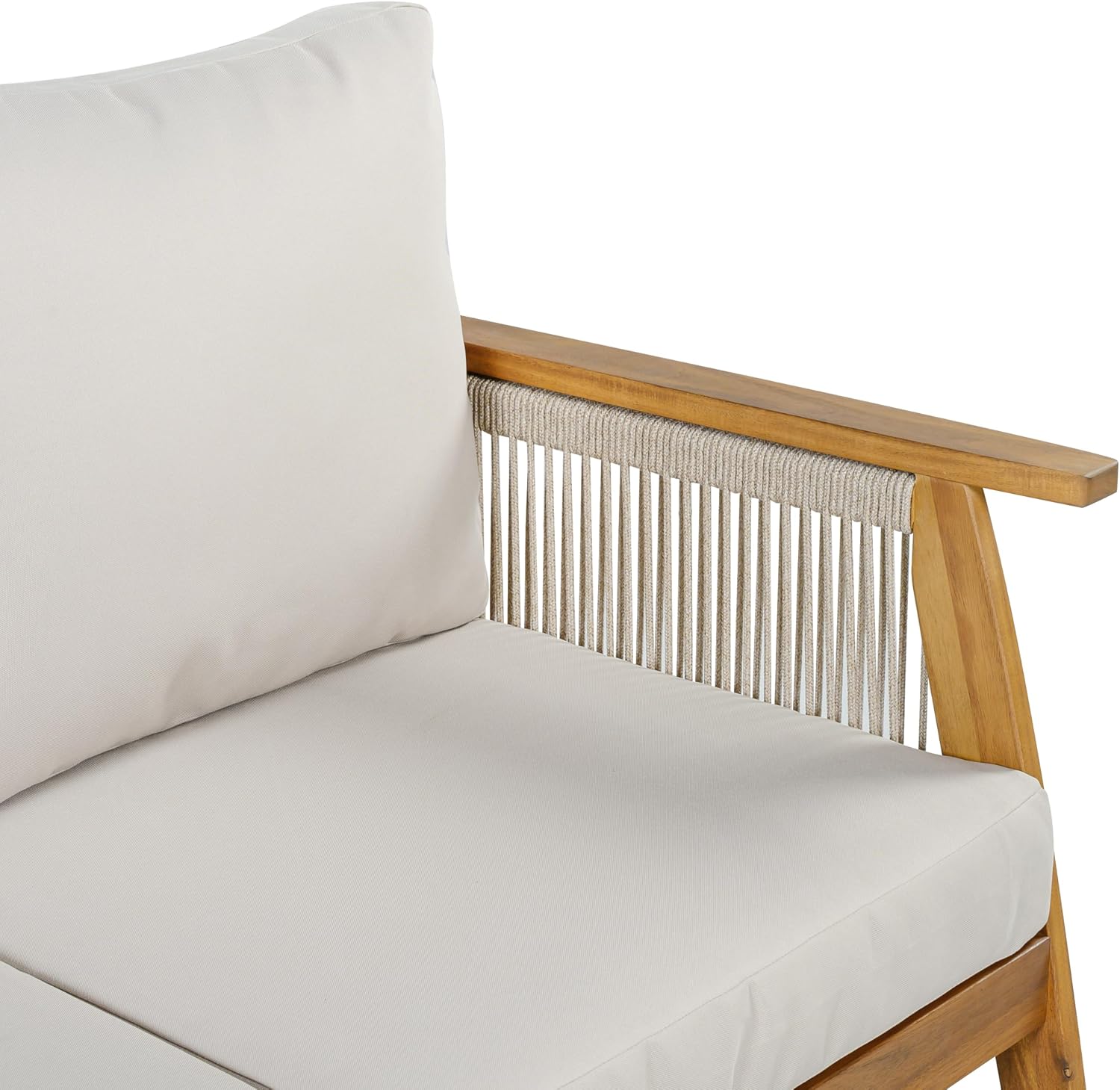 Christopher Knight Home Outdoor 3 Seater Patio Sofa with Acacia Wood Frame and Rope Weave Design, Cushioned Garden Couch with Removable Covers for Patio Deck Balcony, Teak and Beige