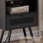 SUPERJARE Nightstands with Charging Station, Bedside Table Set of 2 with Texilene Surface Drawers, Rattan Side Table with Storage & Solid Wood Feet, End Table for Bedroom, All Black