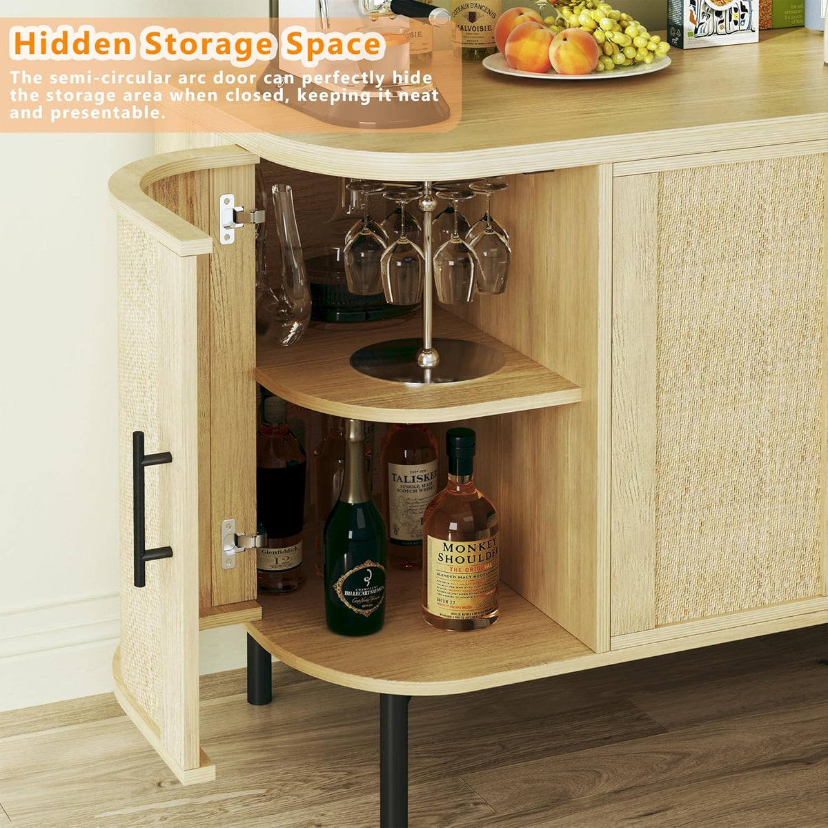 HUAHUU Sideboard Buffet Cabinet with Storage, 47.2" Rattan Sideboard Cabinet with Adjustable Shelf, Metal Legs, Modern Buffet Sideboard for Kitchen, Living Room, Entryway, Natural Oak