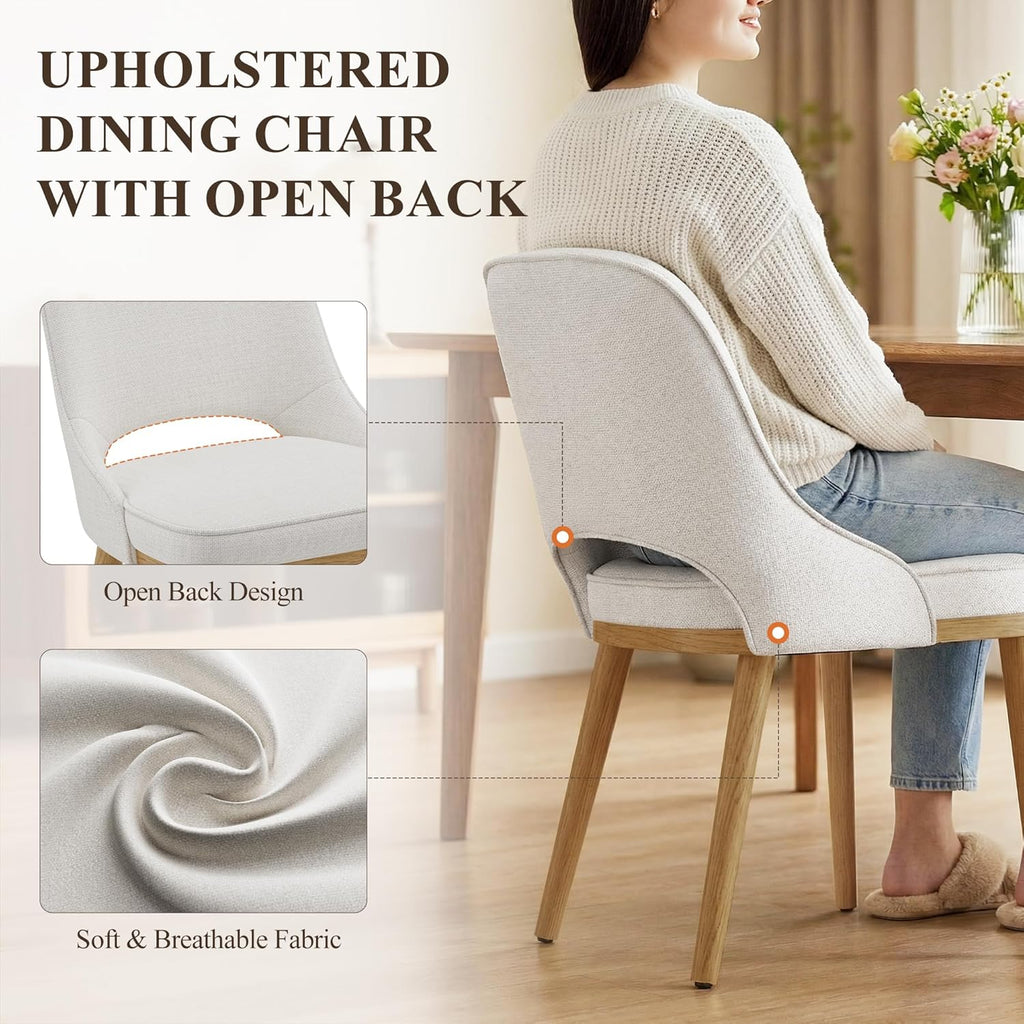 Modern Upholstered Dining Chairs Set of 6, Open Back with Solid Wood Legs, Ergonomic Curved Back Fabric Kitchen Chairs for Dining Room & Kitchen, Living Room Side Chairs, Farmhouse, Beige