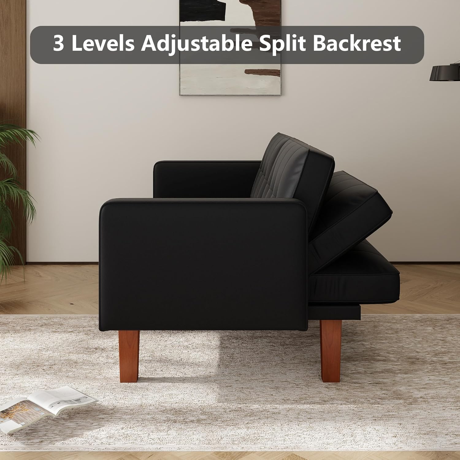 mikibama Convertible Futon Sofa Bed with Split Back,Mid Century Modern Sleeper Couch Beds,68.11" Futons for Living Room RV,Tufted Small Love Seat for 2 People Small Spaces (Black, 68.11")
