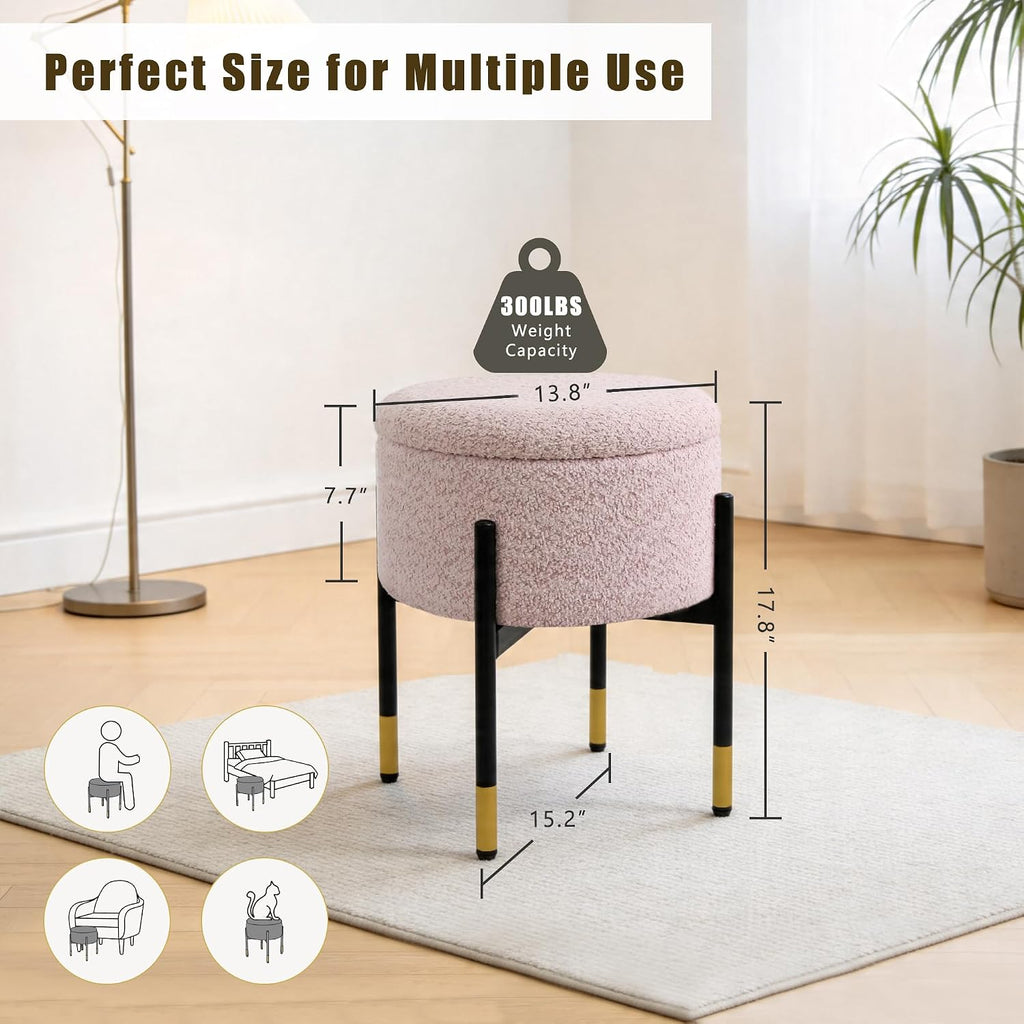 Round Ottoman with Storage, Soft Velvet Vanity Stool, Ottoman Coffee Table with Metal Legs, Foot Stool for Living Room Bedroom, Pink