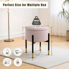 Round Ottoman with Storage, Soft Velvet Vanity Stool, Ottoman Coffee Table with Metal Legs, Foot Stool for Living Room Bedroom, Pink