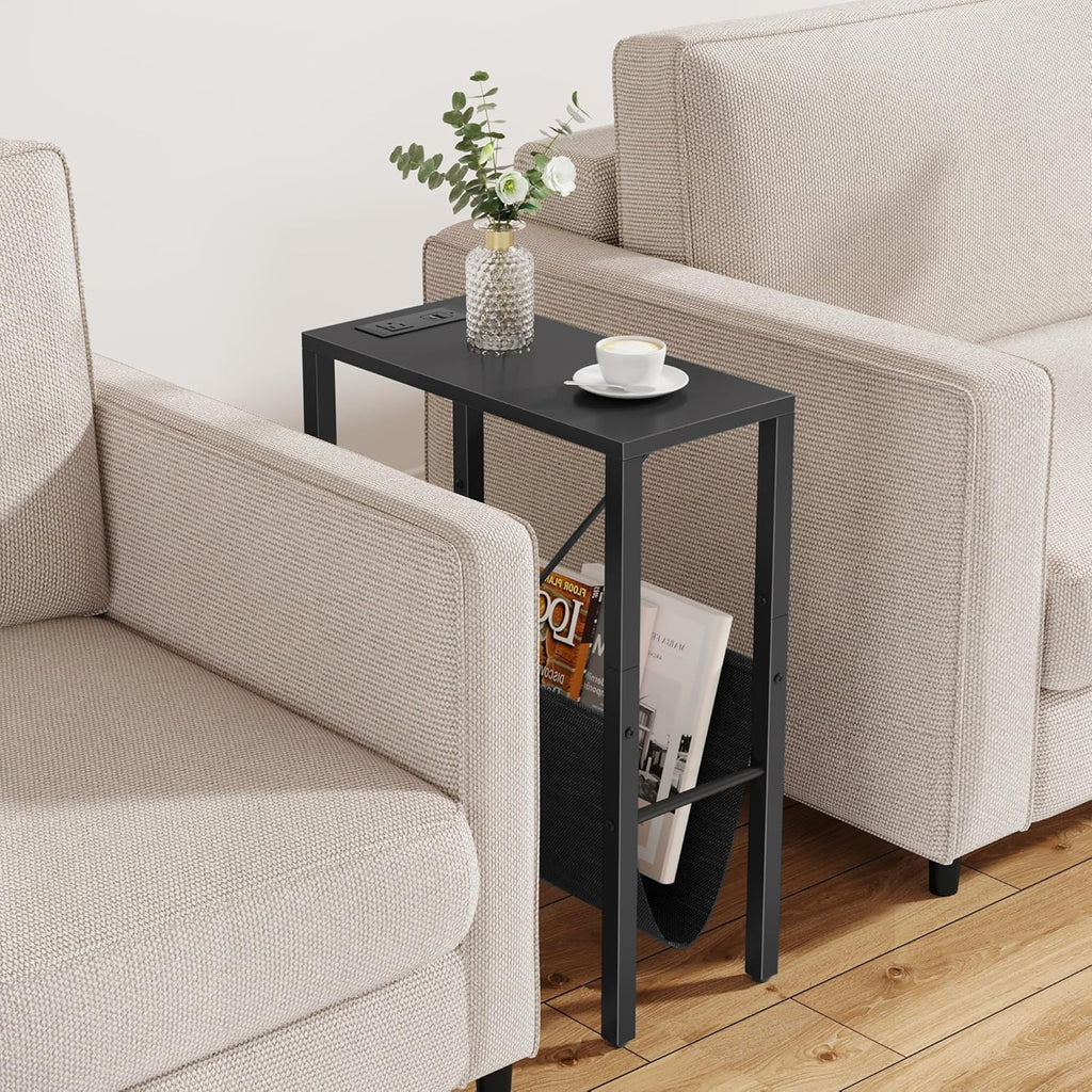 Vagusicc Narrow End Table with Charging Station, Narrow Nightstand with USB Ports & Outlet, Slim Sofa Side Table, Black End Table, Small Side Table for Small Spaces, Living Room, Bedroom, Black