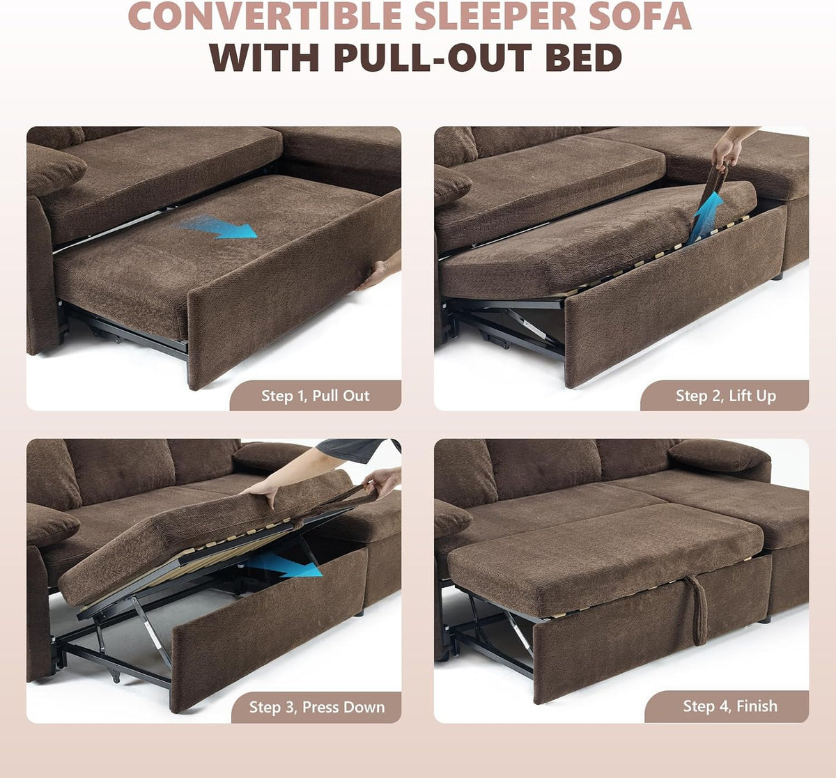 VINGLI Sectional Sleeper Sofa with Pull Out Couch Bed, 85 Inch L-Shaped Convertible Sofa Bed, 5 Seat Modular Sectional Couches for Living Room with Storage Chaise, USB Charging, Side Pockets