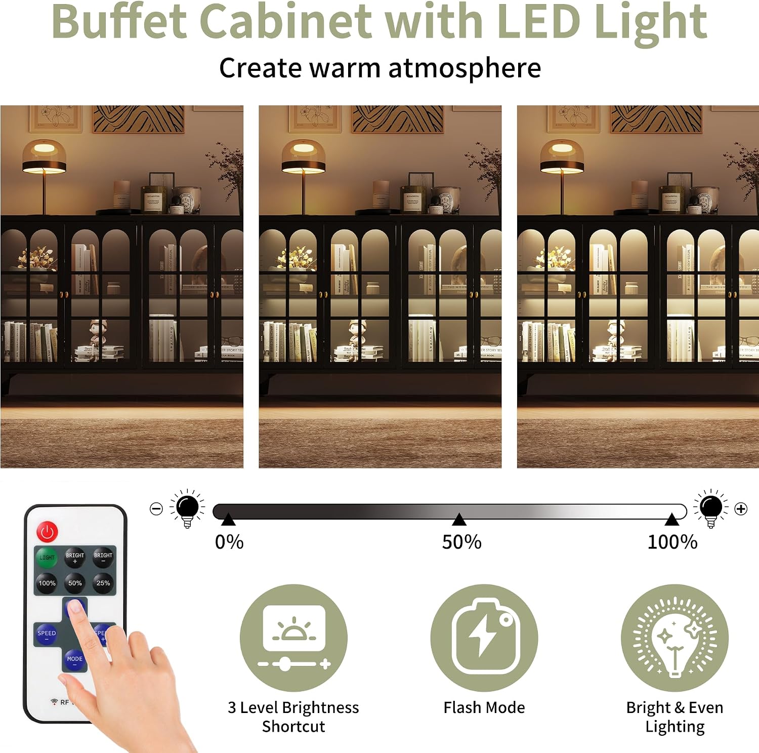 Foreate Sideboard Buffet Cabinet with Glass Door & LED Light, 53.2" Large Buffet Cabinet with Storage & Adjustable Shelf, Farmhouse Sideboard Credenzas Metal Kitchen Buffet, Black