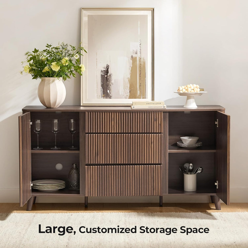 CHITA 62" Sideboard Buffet Cabinet with Storage, Living Room Accent Cabinet with Drawers, Doors and Adjustable Shelves, for Bar, Kitchen, Walnut