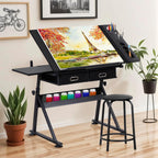 LEMY Drafting Table Art Desk, Height Adjustable Drawing Table Tilting Tabletop Work Station with Stool and Storage Drawer for Home, Office, Writing, Black